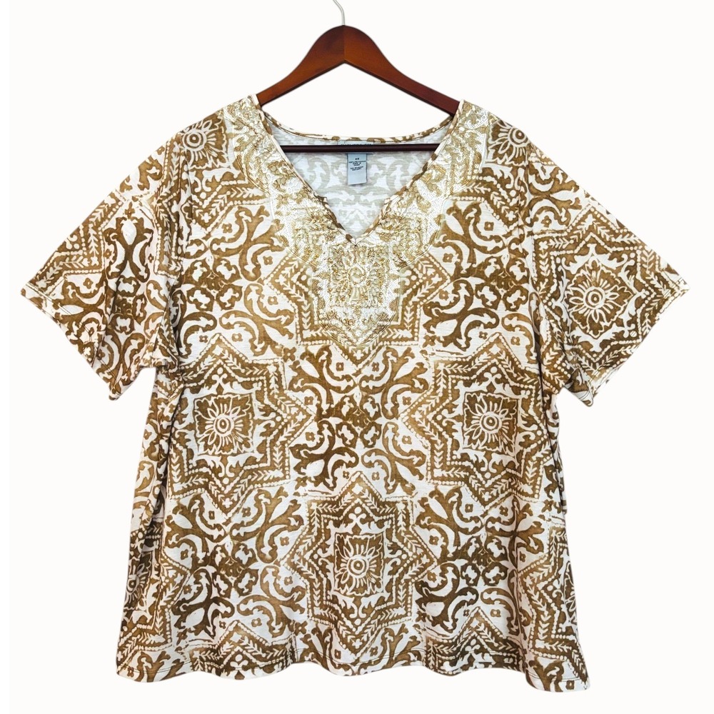 Catherines Gold Medallion‎ Print Top Sz 2X Embellished Boho Chic Resort Coastal
